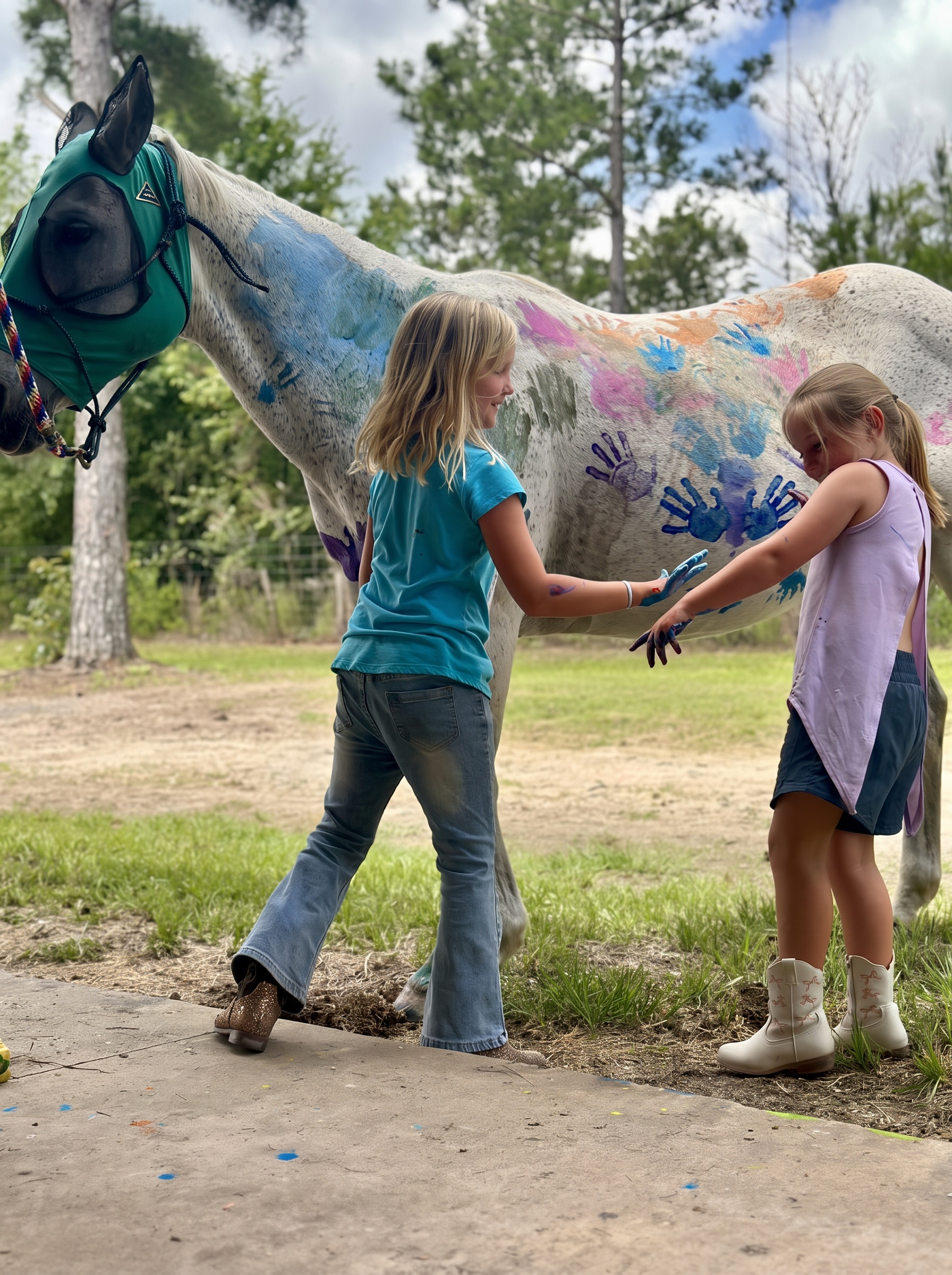 Two girls painting bright handprints on a patient white horse
